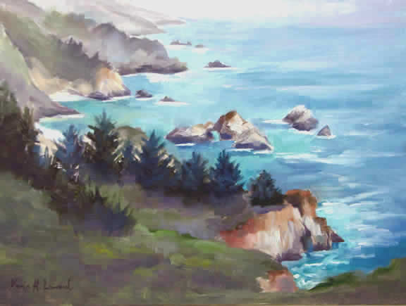 Big Sur Coast, Painted one of those mystical misty aftenoons, looking south towards Julia Pfeiffer Burns State Park.I loved the subtle colors, still gorgeous and vibrant even through the fog. Many visitors form all over the world stopped by, all admiring this magical place. 